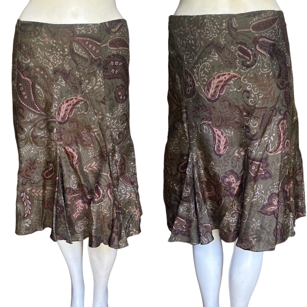 Vintage LRL Ralph Lauren Green & Brown Paisley 100% Silk Slip Skirt Size 2 P